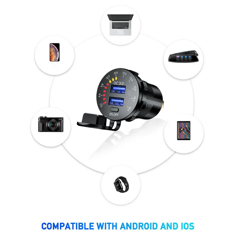 Быстрое зарядное устройство с двумя USB портами QC3.0 для быстрой зарядки 12/24 в