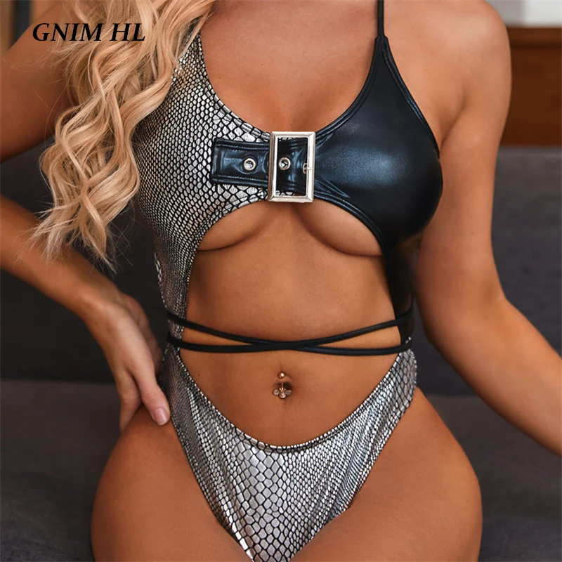 

Bandage Buckle Swimwear Women Push Up Hollow Out Bikini Mujer 2020 Sexy PU Leather Swimsuit Women One Piece Summer Bathing Suit