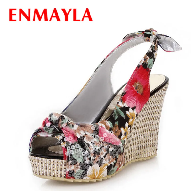 Богемные сандалии ENMAYLA на танкетке женские платформе с принтом женская обувь