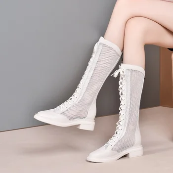 

Summer New Women Genuine Leather Cut Out Mesh Mid-Calf Half Fashion Boots Ladies Cross-tied Hollow Zipper Shoes 20200401