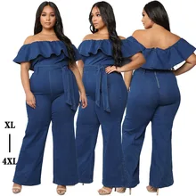 Женский комбинезон большого размера с листьями лотоса на одно плечо Облегающий комбинезон с оборками сексуальный комбинезон Синий