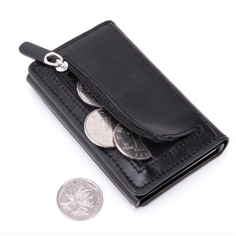 Name Carbon Fiber Card Holder Men Leather Zipper Wallet Aluminum Box Smart Wallet Anti-theft RFID CardHolder