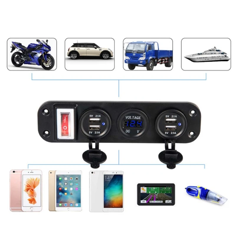 Автомобиль Лодка Грузовик DC 12V 24V 4 USB зарядное устройство адаптер светодиодный вольтметр с переключателем панели