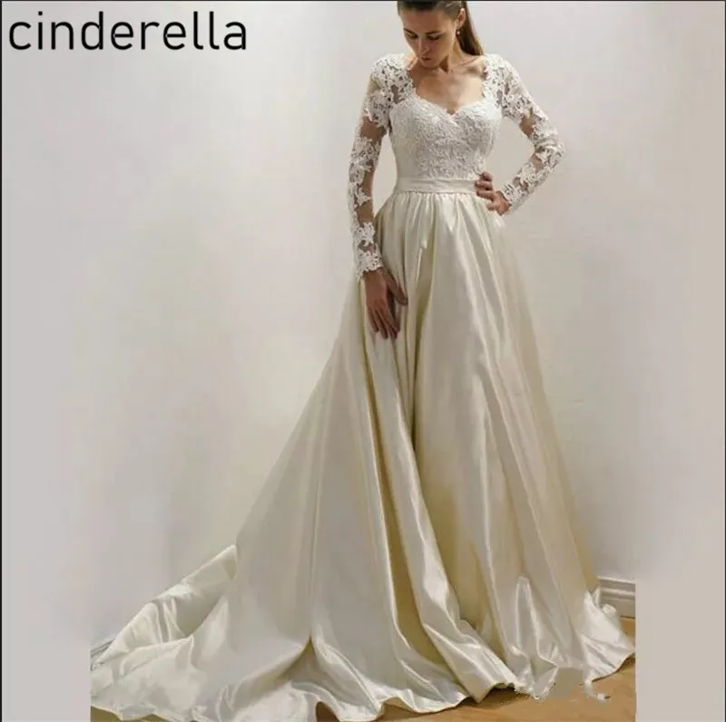 High Quality Wedding Dresses Long Sleeves A-Line Covered Button Back Lace Applique Satin Wedding Dresses vestido de noiva