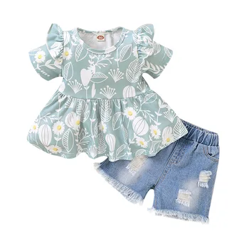 

Baby Girl’s Summer Outfits Light Green Flower Printing Short Sleeves Top + Ripped Shorts with Raw Hem Suits for Little Girl