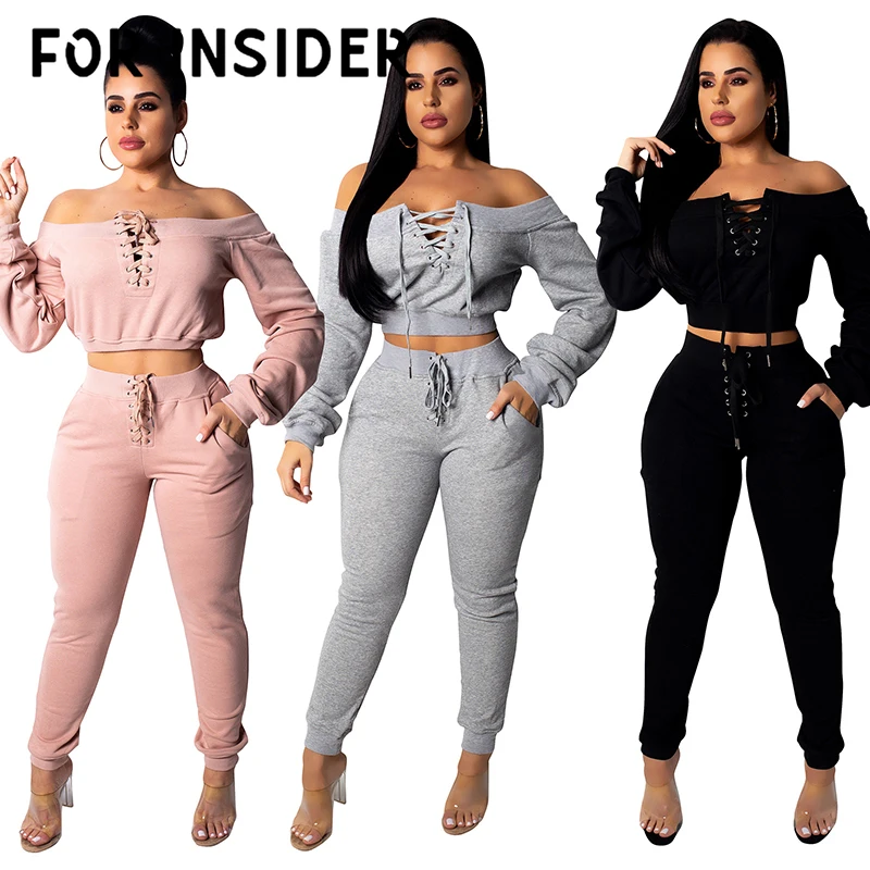 

For Insider Winter female two piece sets tracksuit Off shoulder lace up hoodie crop top sweatshirt and pants set Women outfits