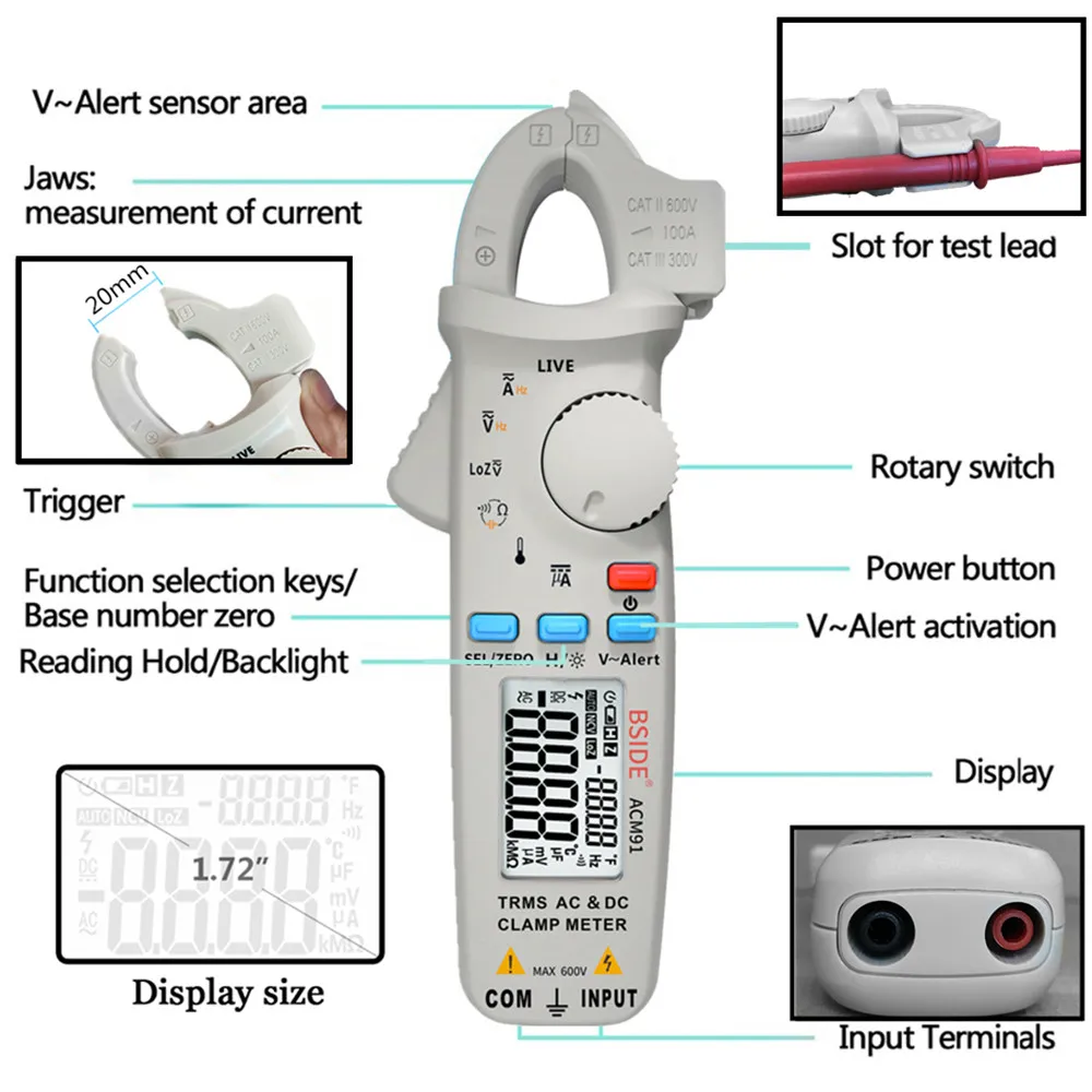 BSIDE ACM91 True RMS мини цифровой клещи постоянного тока переменного тока 100A 1mA точность ремонт автомобиля Амперметр Вольтметр NCV тестер мультиметр