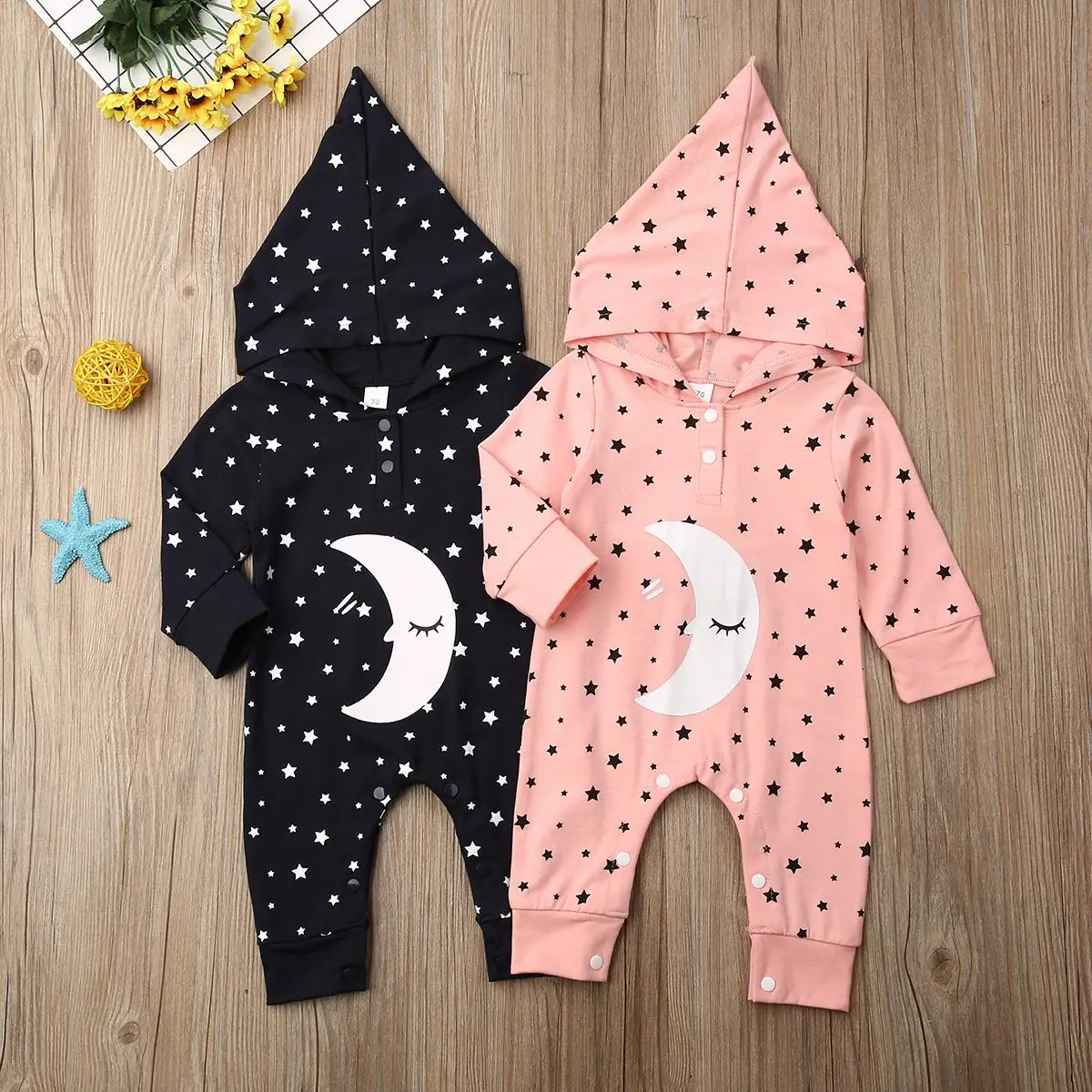 Одинаковая одежда для сна для новорожденных мальчиков и девочек с принтом Луны и звезд, одежда для сна с капюшоном для мальчиков и девочек