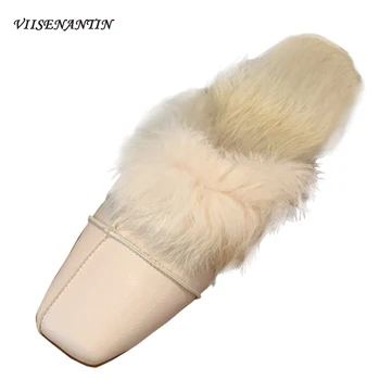 

Flat-bottomed Plush Shoes Women's Outer Wear Winter New Korean Real Leather Versatile Square Toe Lazy Velvet Half Fur Slippers