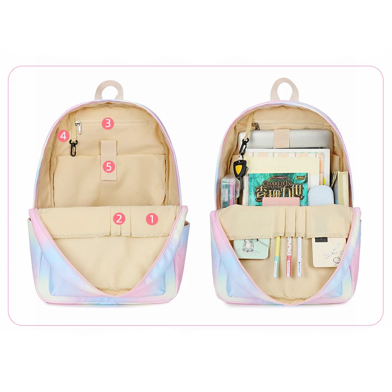 Child Girl Backpack Elementary Student Bag Rainbow Kids Bookbag Teen Girls School Bag with Lunchbox Pencil Case Waterproof 5