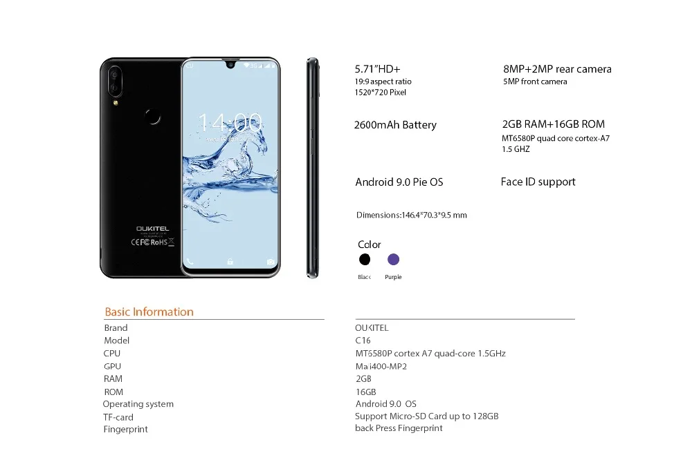 OUKITEL C16 5.71HD + водонепроницаемый экран 3g смартфон MT6580P четырехъядерный 2 ГБ 16 ГБ Android 9,0 Pie Face ID мобильный телефон