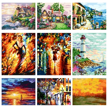 

YIJIE DIY Painting By Numbers Rural landscape City Scenery Drawing On Canvas HandPainted Painting Art Gift DIY Home Decoration