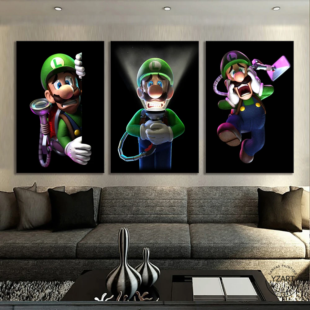 3 Панели Mario Bros Luigis, Мультяшные картины, настенные картины, декор для спальни, Luigis Mansion, 3 видеоигры, искусство, декор для стен, живопись