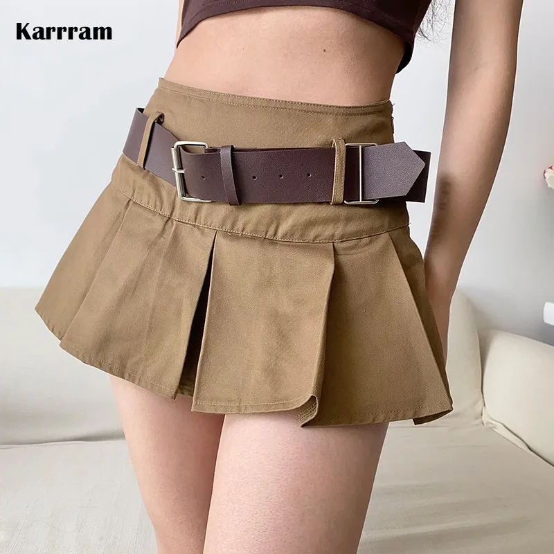Karrram Casual Brown Pleated Mini Skirt Ladies High Waisted Short