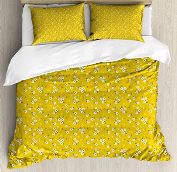 

Flower Duvet Cover Set Pattern with Tiny Anemones and Branches 3 Piece Bedding Set Earth Yellow White