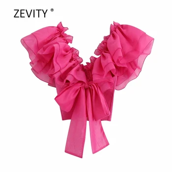 

Women Fashion Transparent Organza Pleat Ruffles Patchwork Knitting Short Smock Blouse Back Bow Tie Chic Shirt Female Tops LS6952