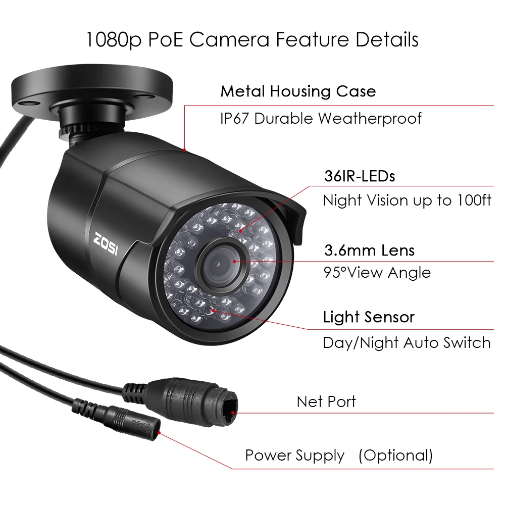 ZOSI 8 канальный 1080P POE CCTV система NVR комплект 4 шт. 2 МП Водонепроницаемая пуля наружная IP камера P2P Onvif безопасности