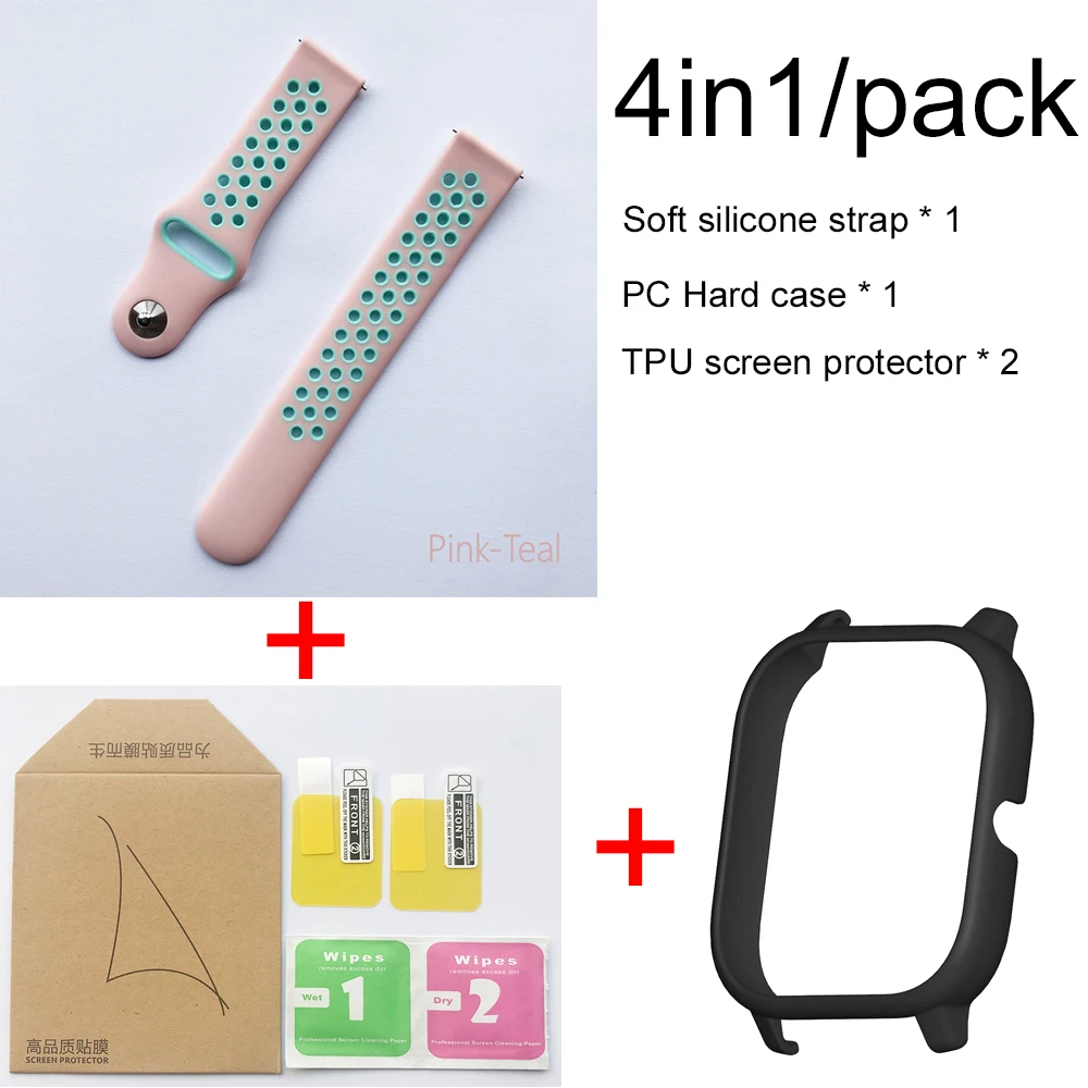 Pink teal-black 4в1 для Xiaomi Huami Amazfit GTS ремешок мягкий спортивный браслет из силикона Smartwatch Браслет с PC чехол Защита экрана - Цвет: Pink teal-black