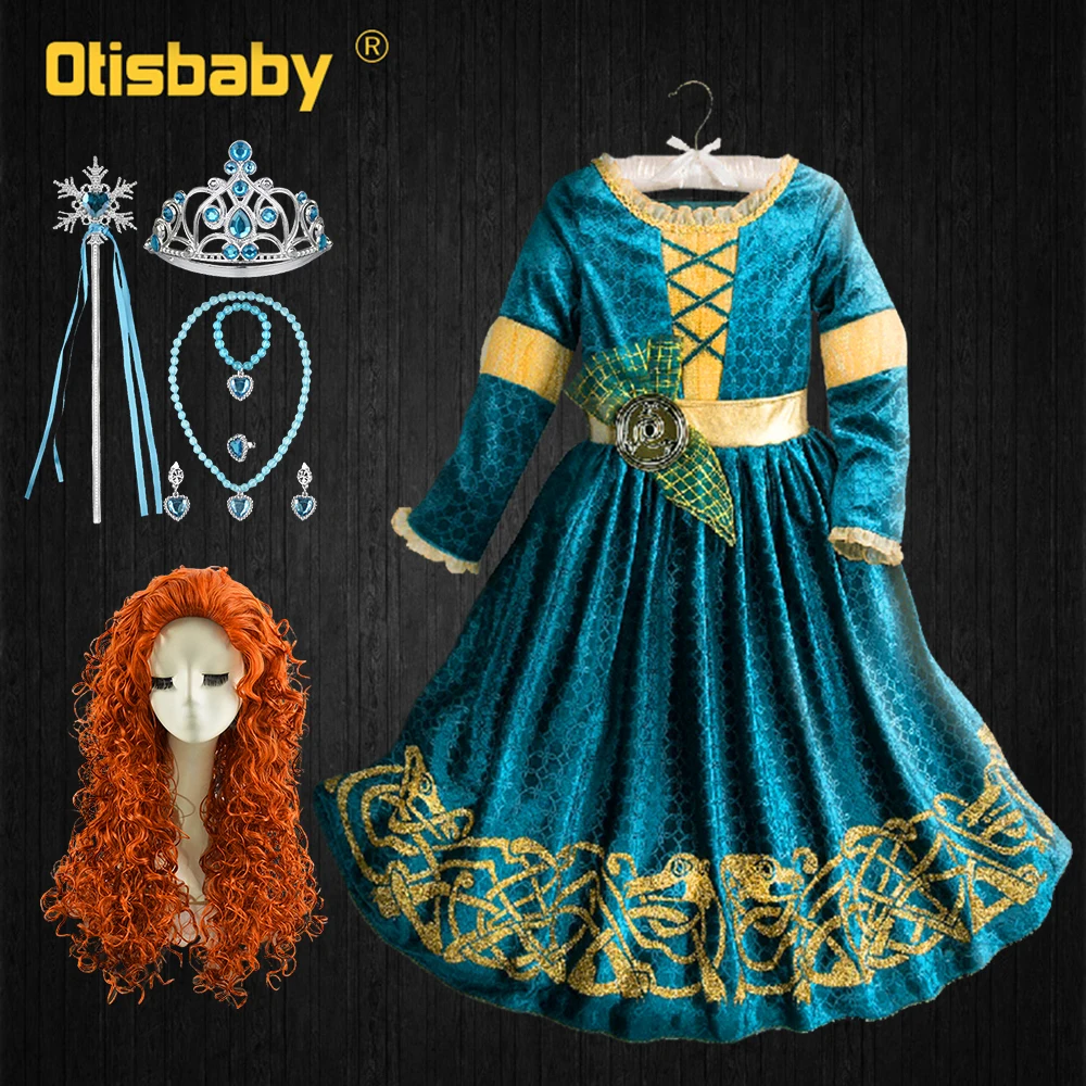 Winter Long Sleeve Fantasia Merida Princess Gothic Dress with Wig Kids Disguise Halloween Child Lolita Girl Carnival Costume |