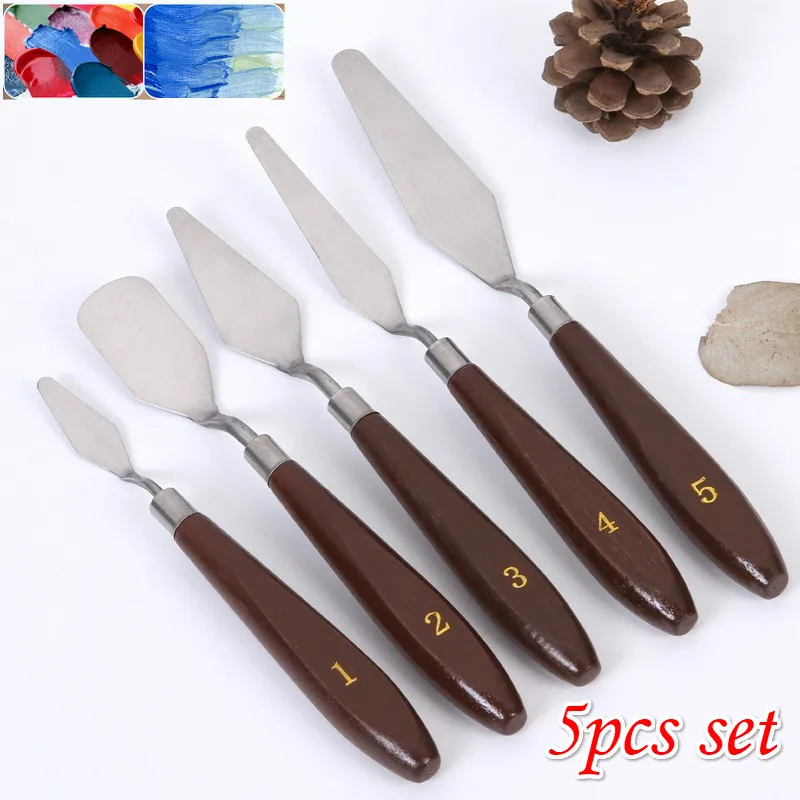 5 PCS Wooden Handle Oil Paint Scraper for Acrylic Painting Drawing