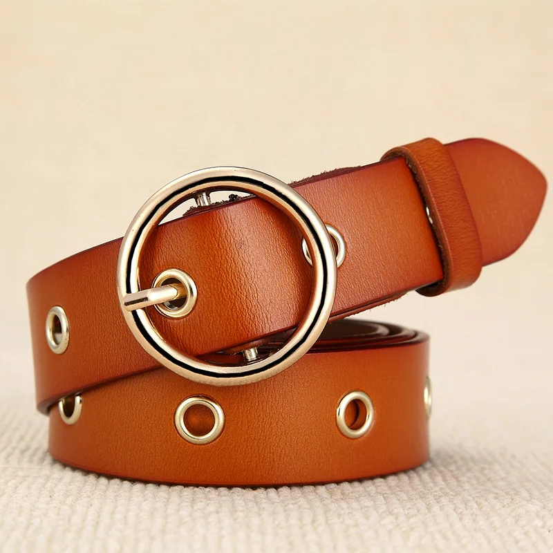 ZLD Vintage Ladies Girl Metal Boho Pure Leather Round Buckle Belt Fashion Belt Black Red Coffee Camel Openwork pin buckle belt - Color: 3