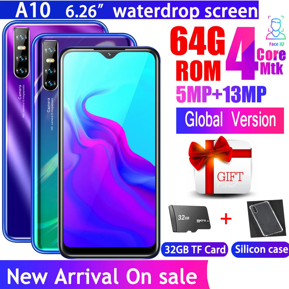 

A10 smartphone android 4GB RAM+64GB ROM MT6580 Quad Core Mobile Phones 13MP Camera 6.26"HD Waterdrop Screen Face ID Celular