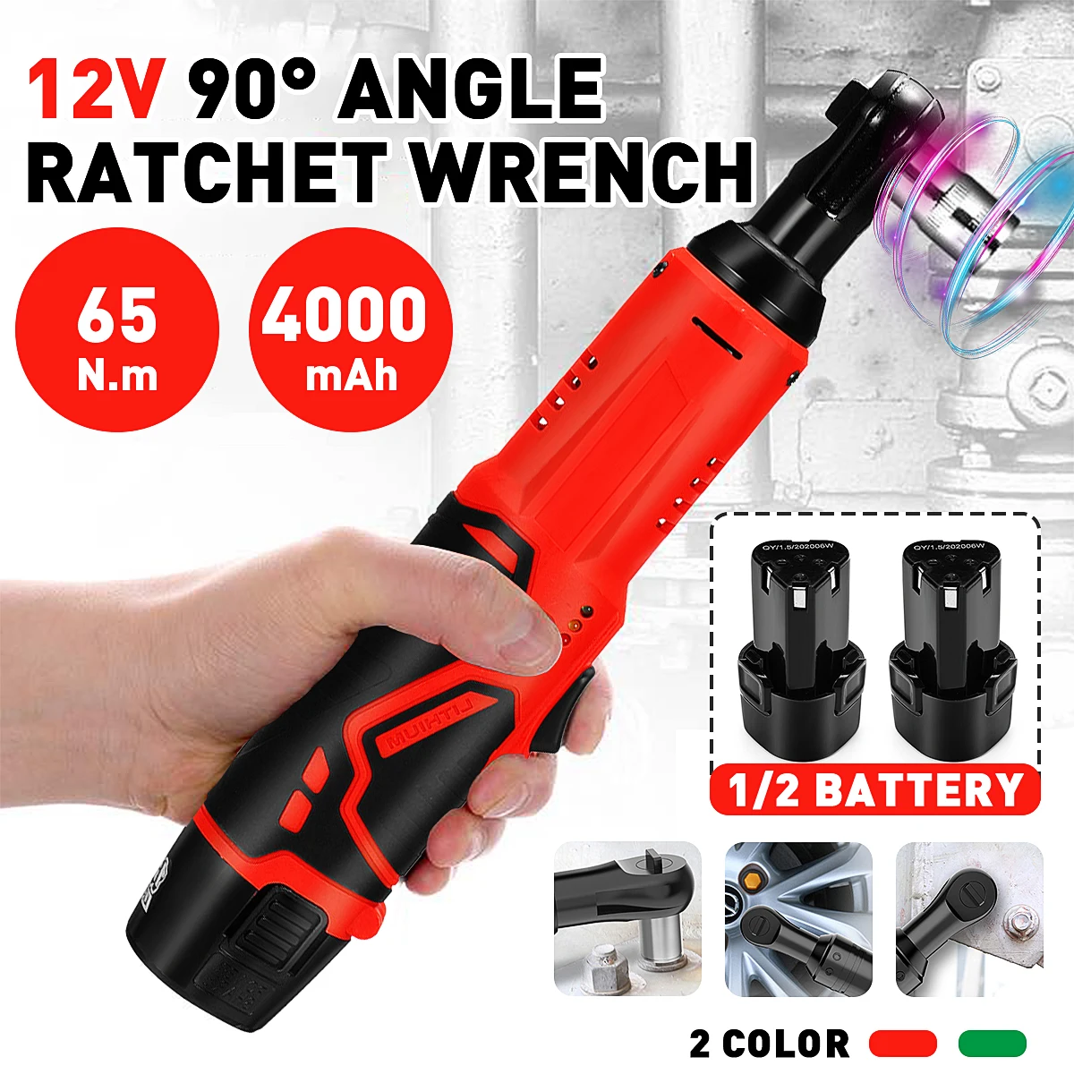 12V 65N.m 3/8'' Electric Cordless Right Angle Ratchet Wrench 2PCS Li-ion 
