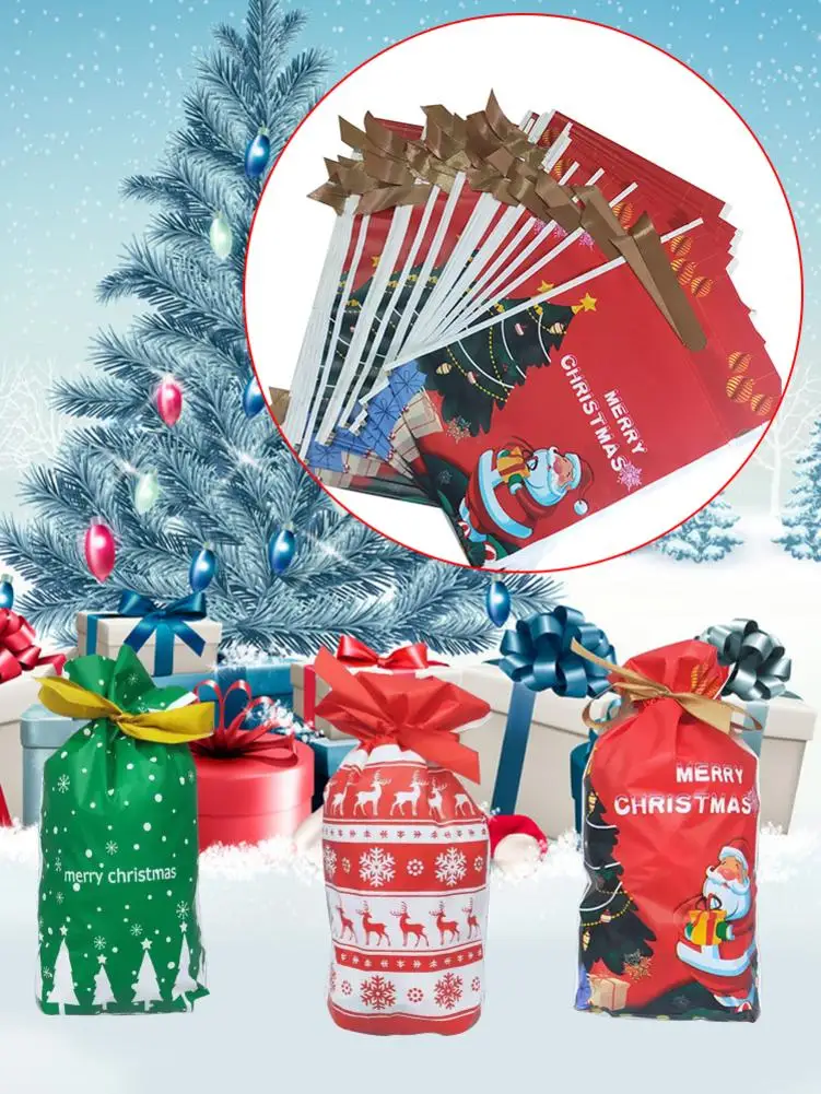 50PCS 5.9*9in Christmas Candy Bag With Ribbon Deer And Snowflakes Old Man Pattern New Year Christmas Gift Bags