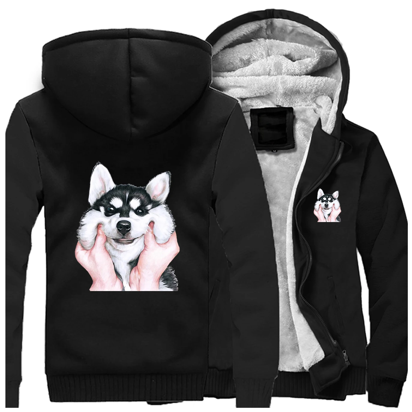 Куртки Хаски мужские толстовки для собак Kawaii забавные толстовки зимние толстые флисовые теплые пальто на молнии Спортивная верхняя одежда размера плюс
