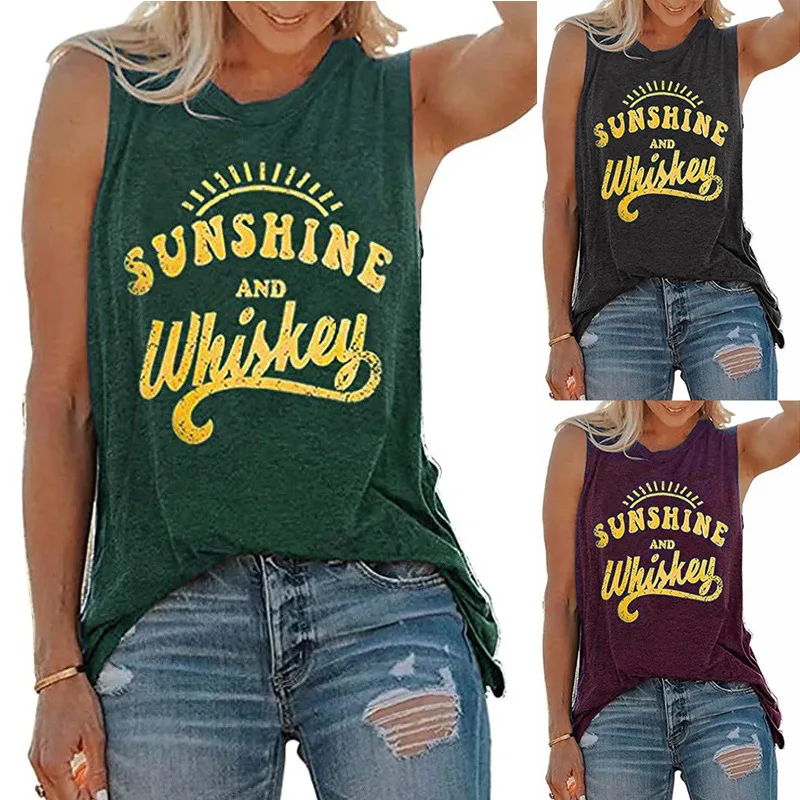 

Summer Casual Loose Tank Tops Women's Vest Sunshine And Whiskey Letter Printed Round Neck Sleeveless T-shirts