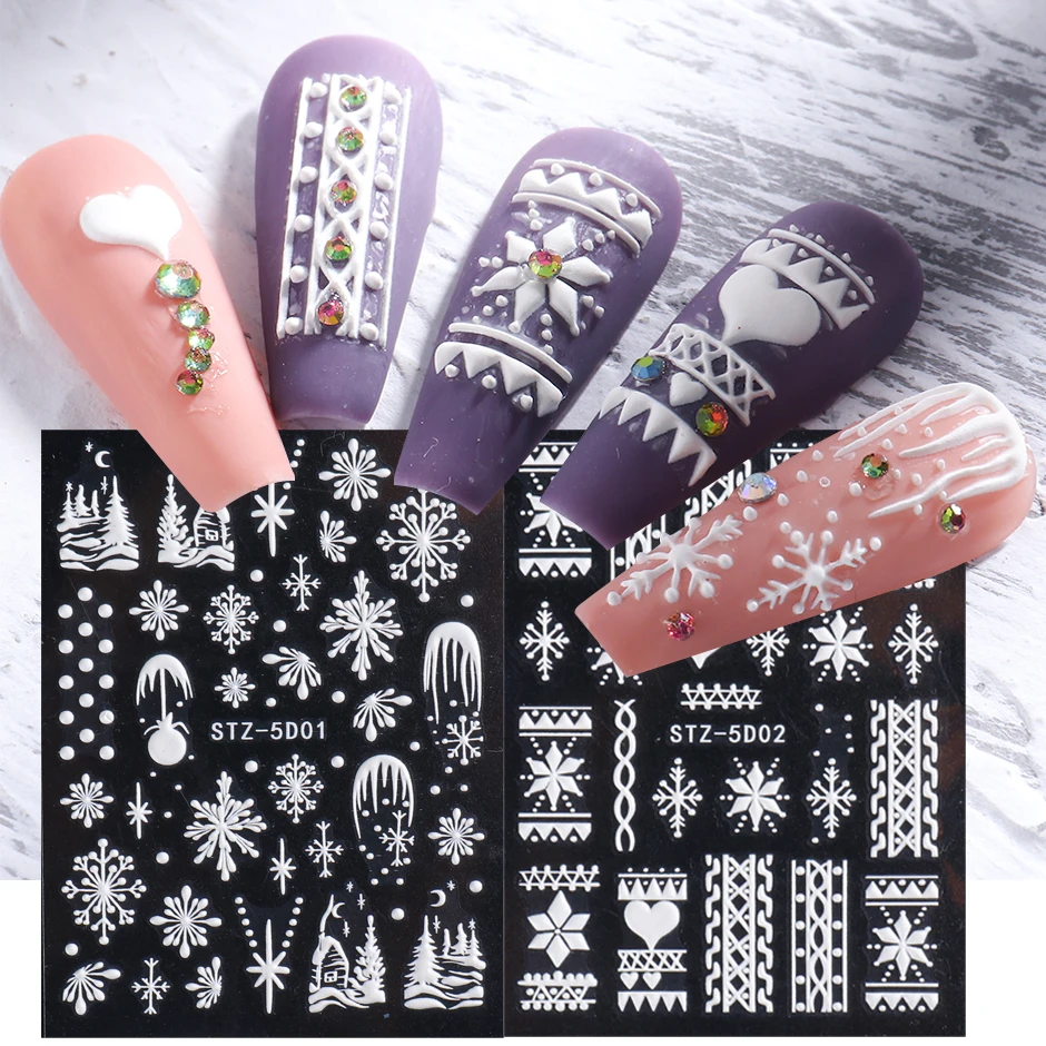 5D Winter Christmas Nail Art Decoration Sticker Embossed Charms Snowflakes French Nail Design Gel Polish Manicure Decals nail stickers nail art decoration nail decals