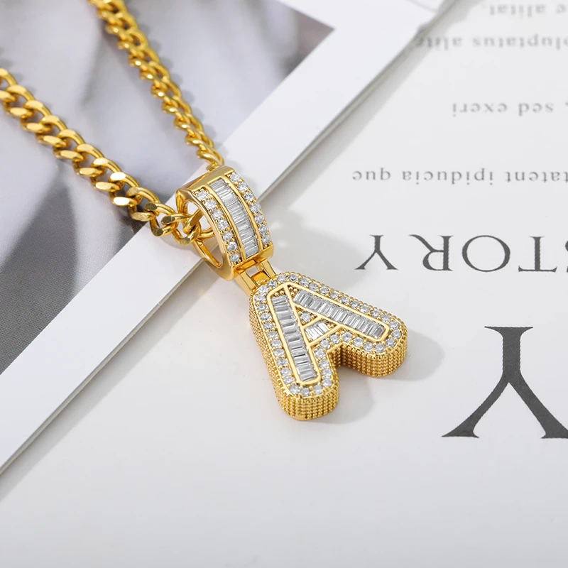 Zircon Initial Necklace For Men Rock Candy Letter Pendant Necklace  Stainless Steel Cuban Chain Hip Hop Couple Alphabet Jewelry