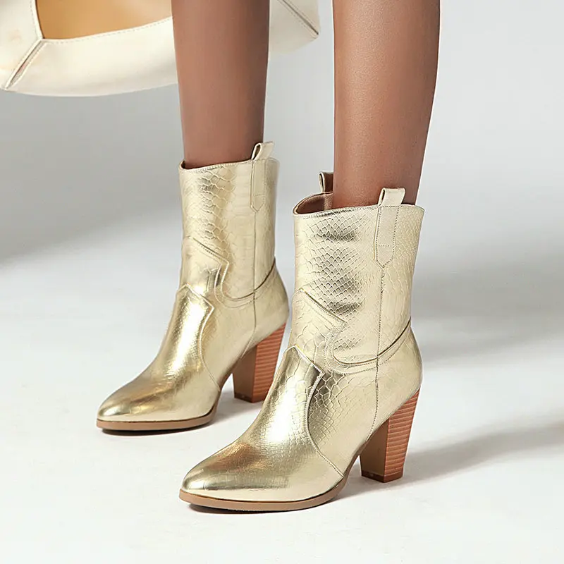 Snake Print Western Cowgirl Boots Women Boots Faux Leather Cowboy Ankle Boots Women High Heel Boots Autumn Winter Plush Shoes