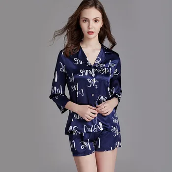 

women Print Satin Pajama Set Casual Sleep Wear Shorts Sets Short Sleeve Pocket Women Summer Pajama Set#g2