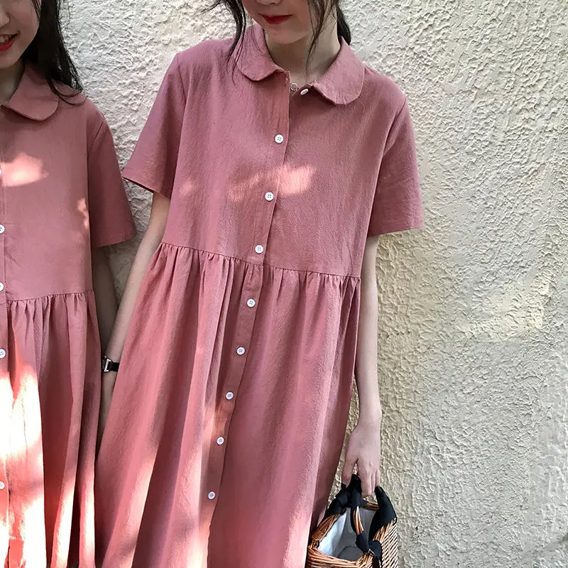 Short Sleeve Dress Women Friends Solid A-Line All-match Vintage Stylish Kawaii Simple Vestidos Daily Summer Single Breasted 2021 a line dress