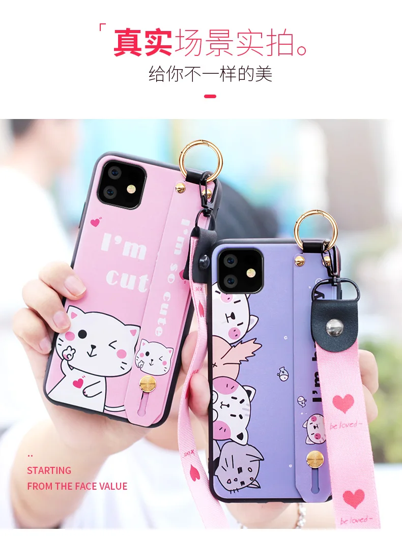 For iphone 11 Cute Avocado Wrist Strap phone Case for iphone 11 pro max Cartoon CAT silicone Rabbit Back cover+ strap