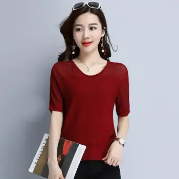 

Women's new round neck five-point sleeve knitted T-shirt gray