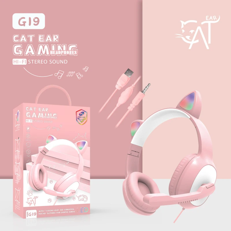 Новинка RGB Милая Проводная гарнитура с милой кошачьими ушками микрофоном
