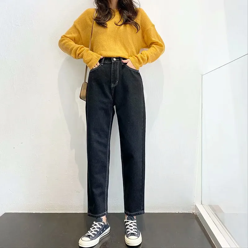 Autumn/winter new style street casual classic Harem jeans women, solid color slim high-waisted cropped jeans women ladies jeans