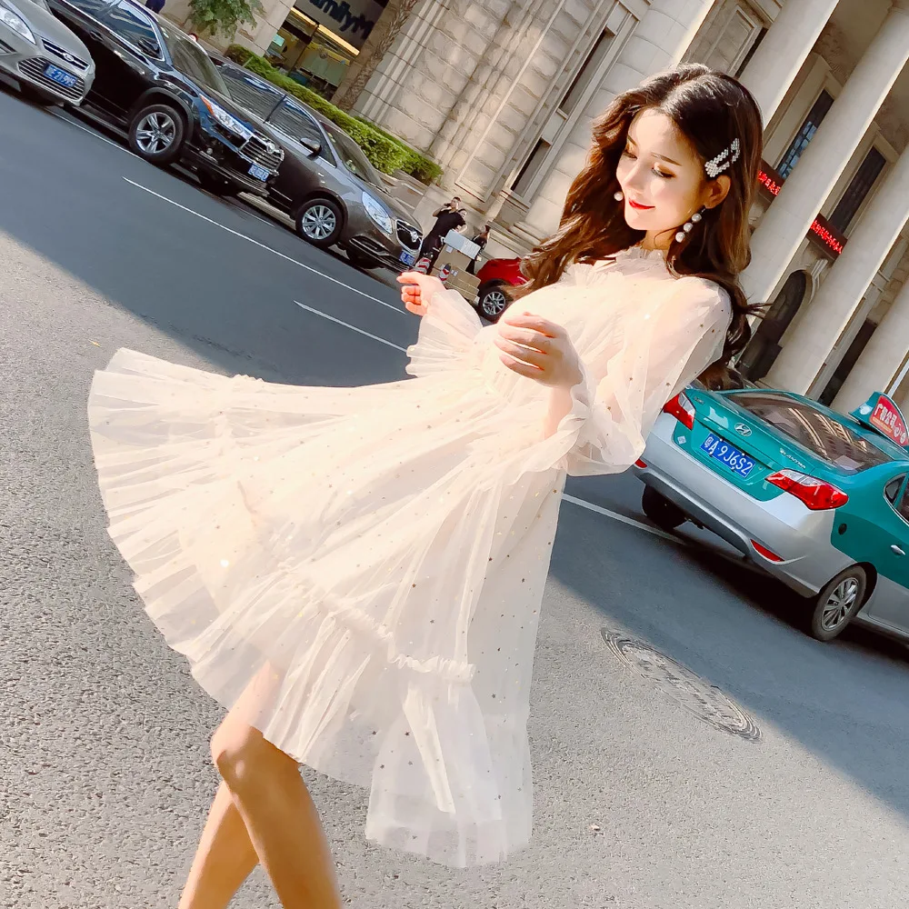 

Spring Clothing 2020 Sweet Immortal Sequin Mesh Dress Women's 2020 New Style Waist Hugging Flounced A- line Medium-length Dress