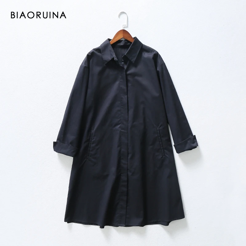 BIAORUINA, 4 цвета, женское модное одноцветное длинное ТРАПЕЦИЕВИДНОЕ пальто, женское Свободное пальто в стиле сафари, Элегантное однобортное пальто