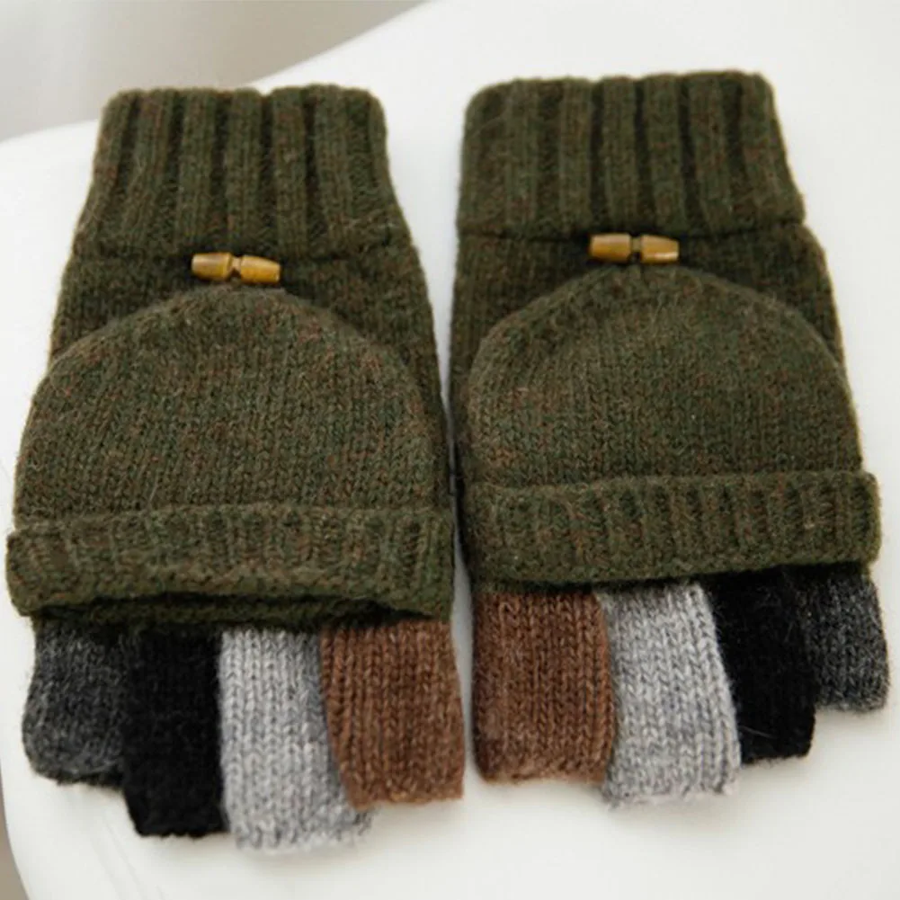 Army green Зимние уличные спортивные теплые мужские перчатки для велоспорта, подарок на половину пальца с откидной верхней частью, вязаные утолщенные стеганые цветные походные перчатки - Color: Army green