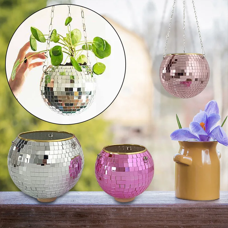 Hanging Mirror Ball Flower Pot Garden Balcony Disco Ball Planter Basket