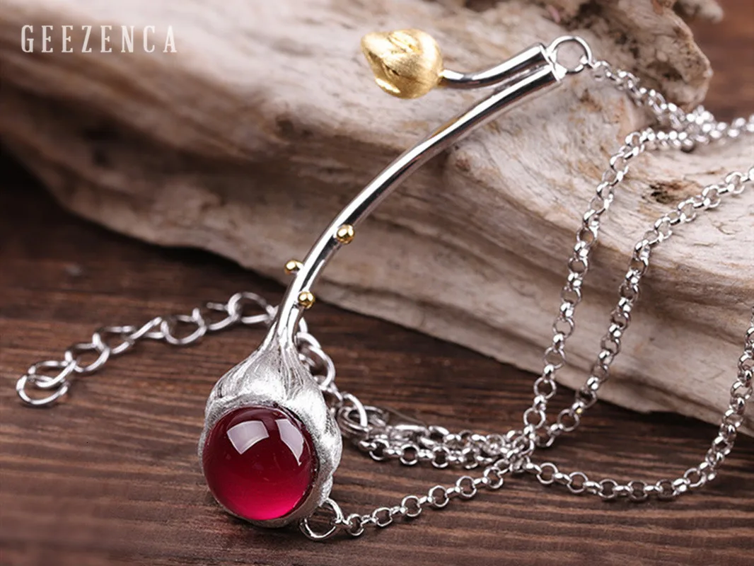 925 Sterling Silver Gemstone Corundum Jewelry Set With Necklace Stud Earrings Handmade Craft Lotus Flower Bud Fine Jewelry Women