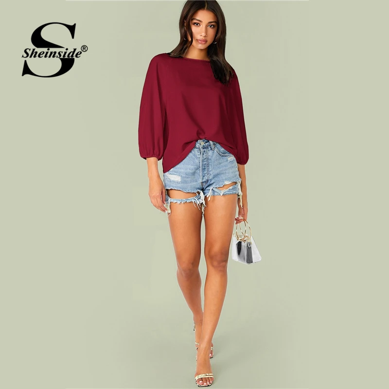 Sheinside Casual Burgundy Lantern Sleeve Blouse Women Autumn 3/4 Sleeve Blouses Ladies Solid Minimalist Raglan Sleeve Top