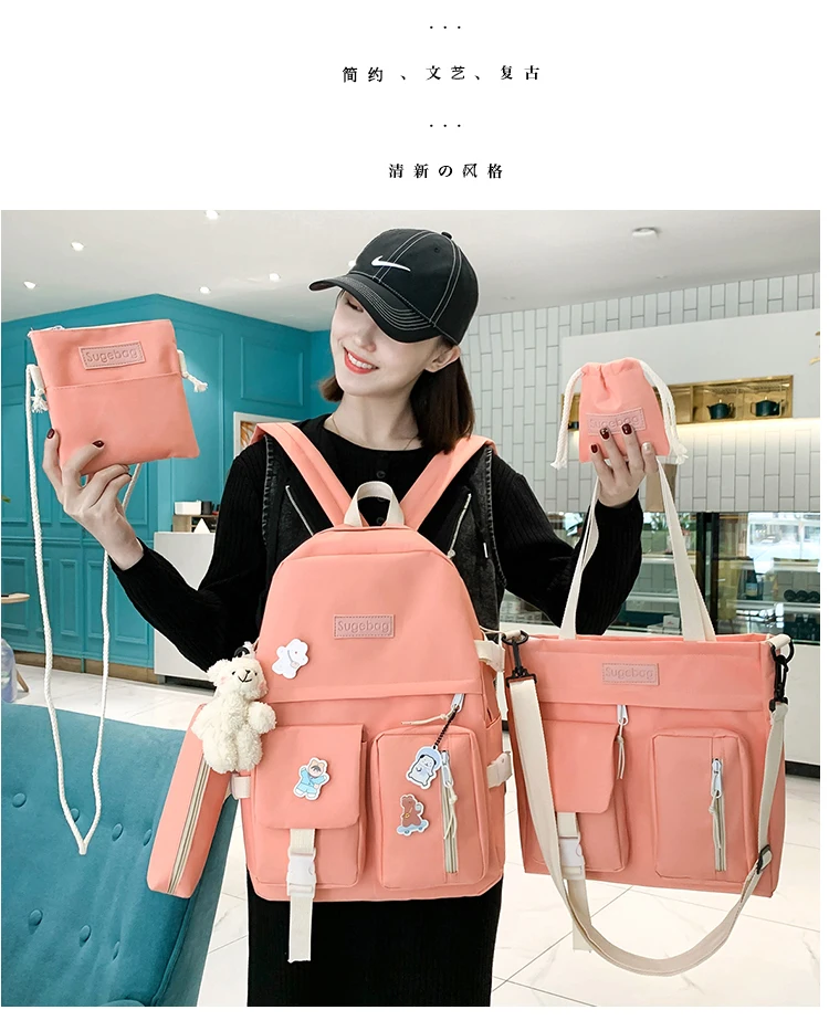 NEW 5 Piece Set backpacks fashion canvas kawaii female Korean Shoulder bag Casual College Students backpack School bag for girl