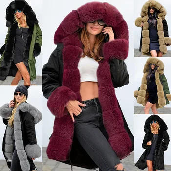

Women Winter Long Parka Hoodies with Raccoon Dog Fur Collar Edge Jacket
