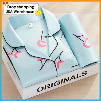 

Pajamas women spring and autumn ice silk long-sleeved Korean cute two-piece suit sexy home service Sleepwear Female New 2020