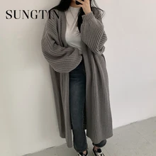 Sungtin-casaco feminino longo, de malha, vintage, solto, plus size, roupas coreanas