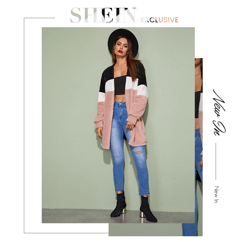 SHEIN разноцветное повседневное зимнее пальто с открытой передней частью, женская уличная одежда с длинным рукавом, Женская эластичная верхняя одежда с цветными блоками